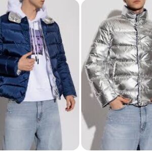 Salvatore Ferragamo Navy and Silver Reversible Puffer Jacket